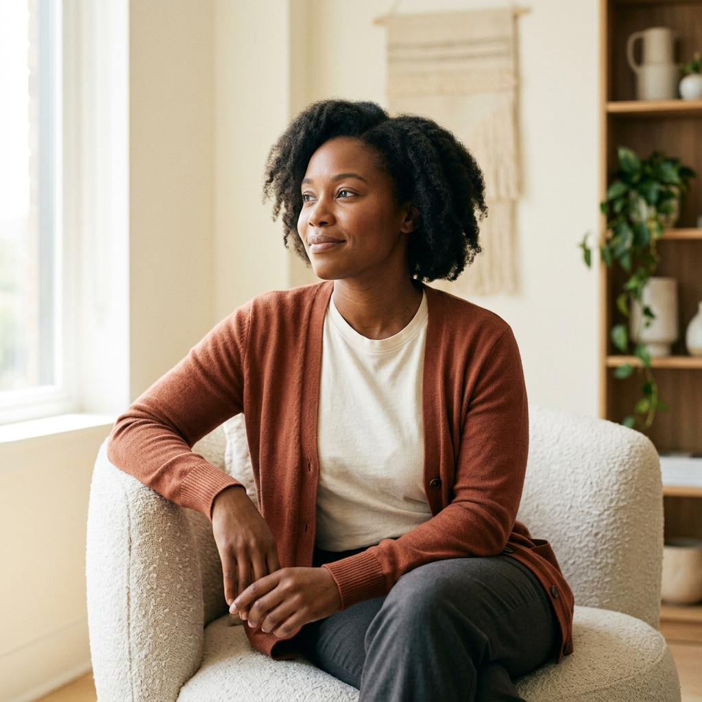 A person sitting comfortably, thinking about their mental health